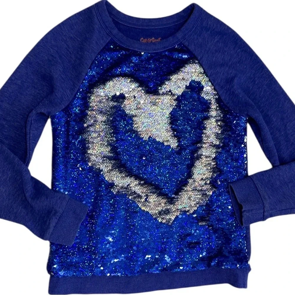 Cat & Jack Blue/Silver Sequin Girls Kids Sweatshirt Size Medium 7/8